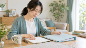 通院中の疑問を書いたノートと医療相談の資料を机に並べる成人