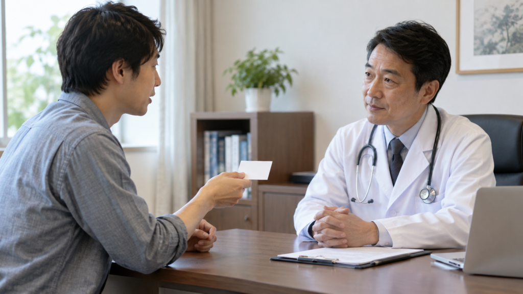 医師との面談で質問メモを示して相談する成人