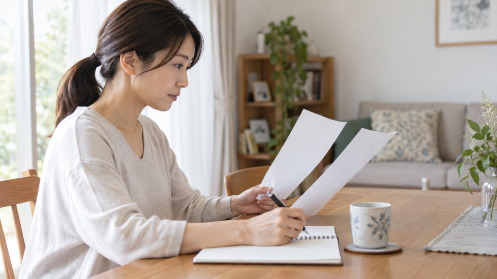 相談結果の文書を見ながら次の診察に向けて整理する成人