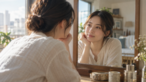 窓辺の鏡に映る自分の表情を見つめる人物