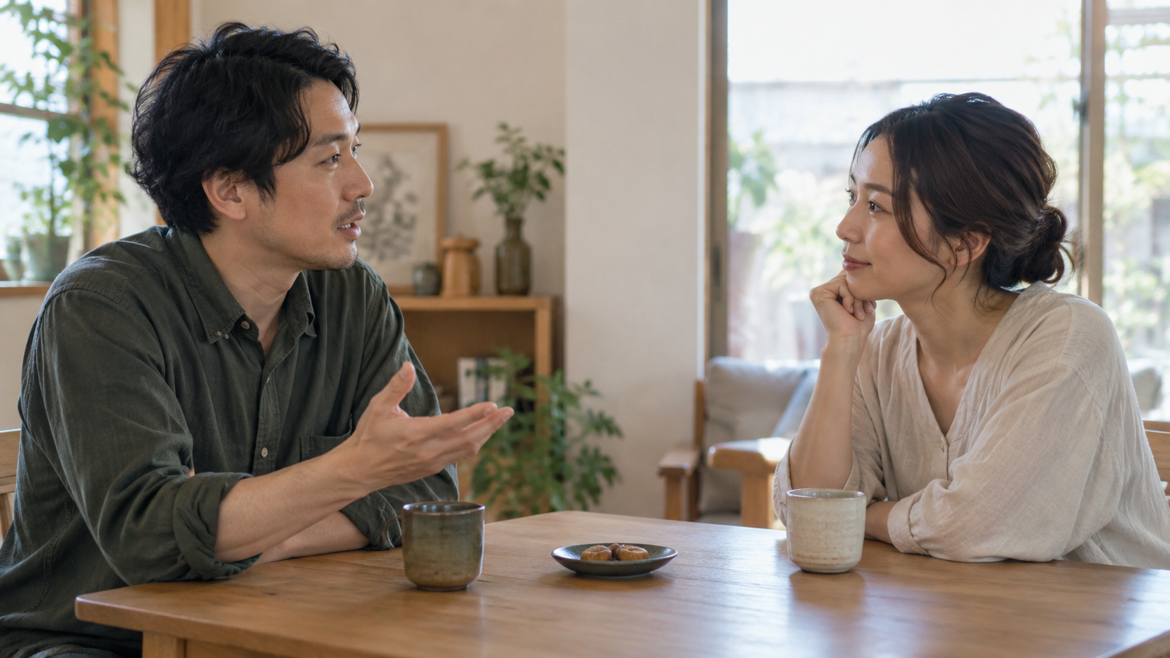 テーブルを挟んで落ち着いて話を聞き合う二人