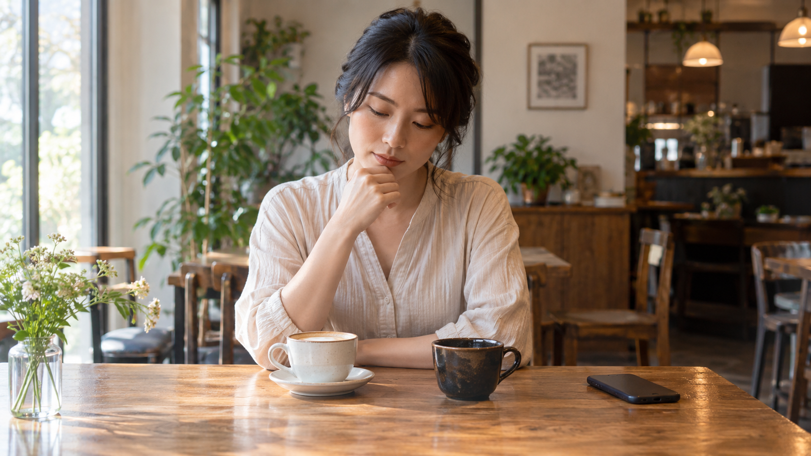 カフェで二つのカップを前に考える人物