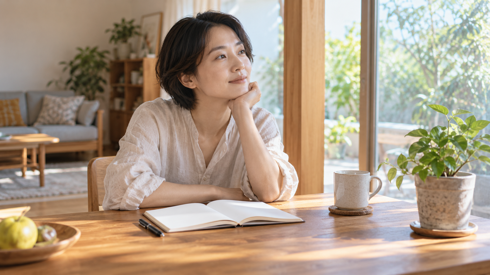 ノートを前に窓辺で静かに考える人物