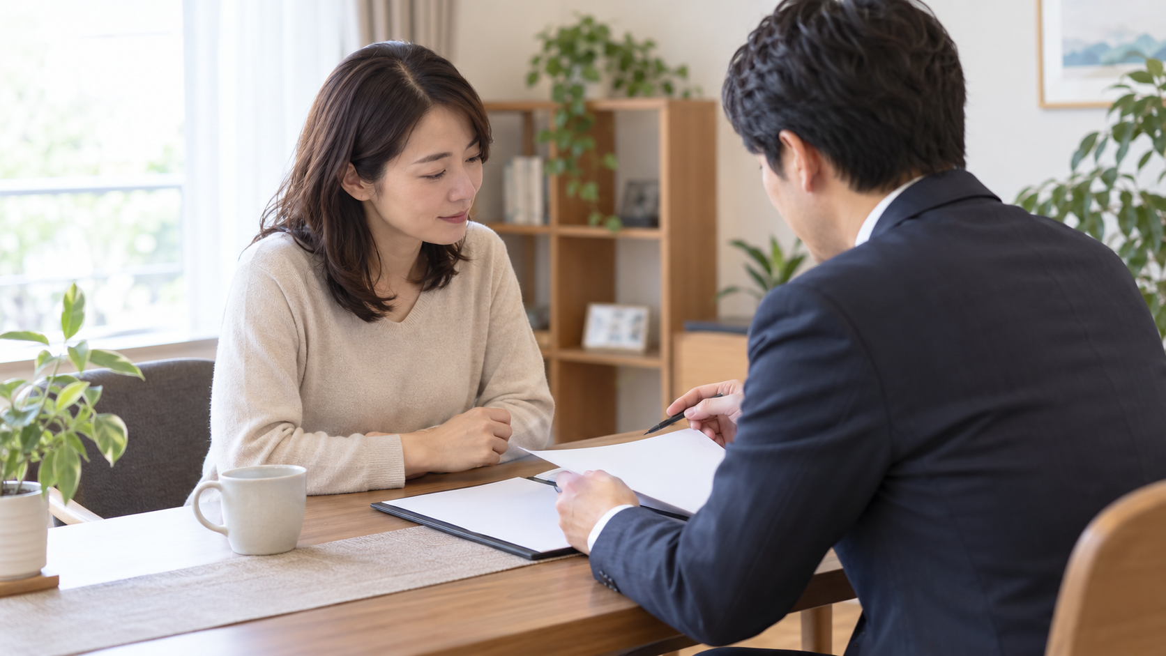 資料を見ながら相談する女性と相談相手