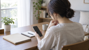 スマートフォンと資料を前に考える女性