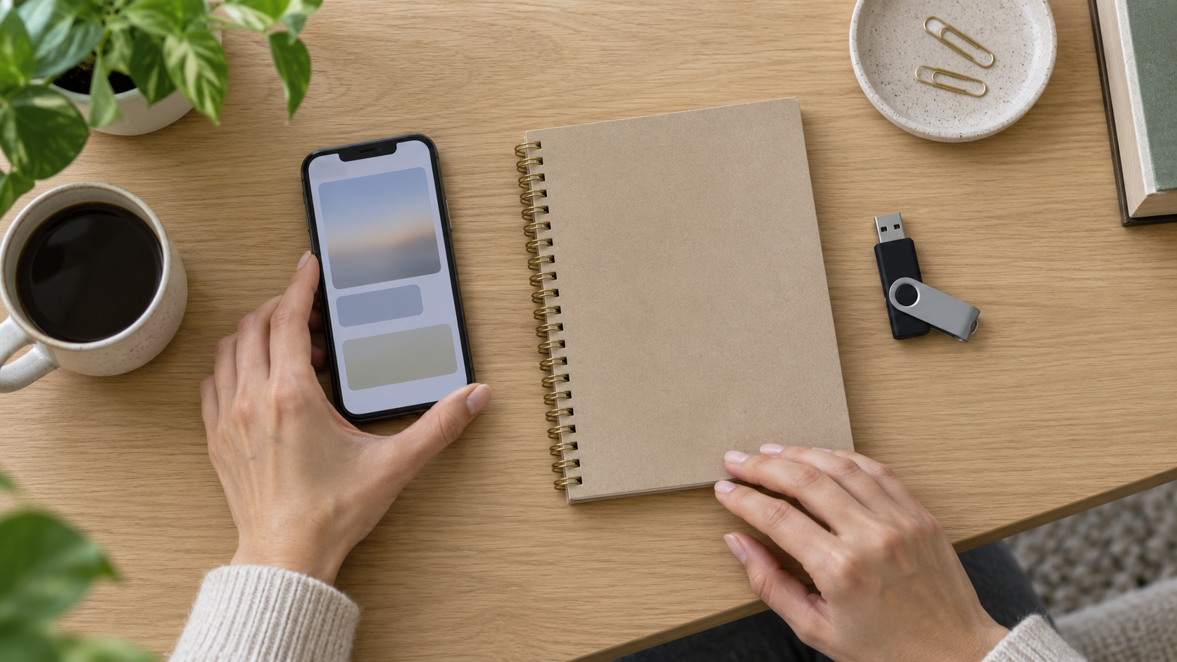 スマートフォンとノートと保存用のUSBメモリ