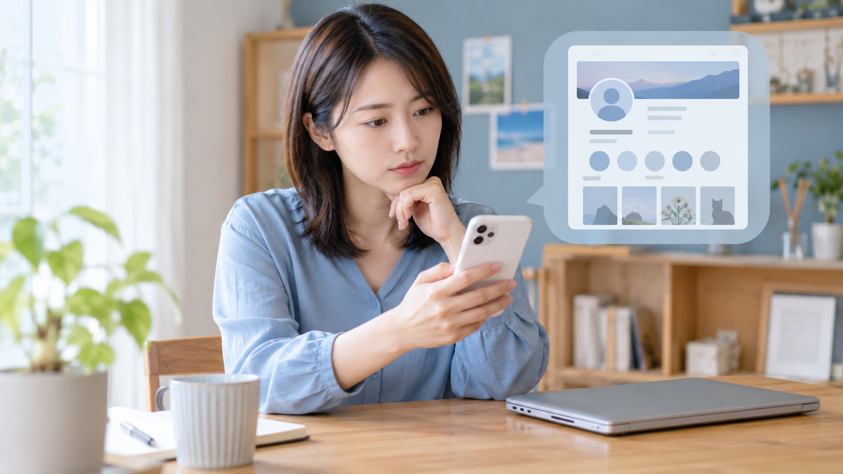 スマートフォンのプロフィールを確認する女性