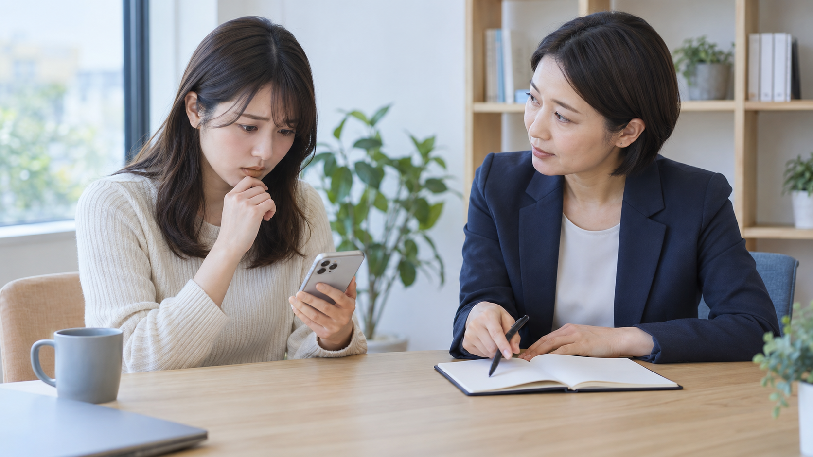 スマートフォンの記録を見ながら相談する女性と相談員