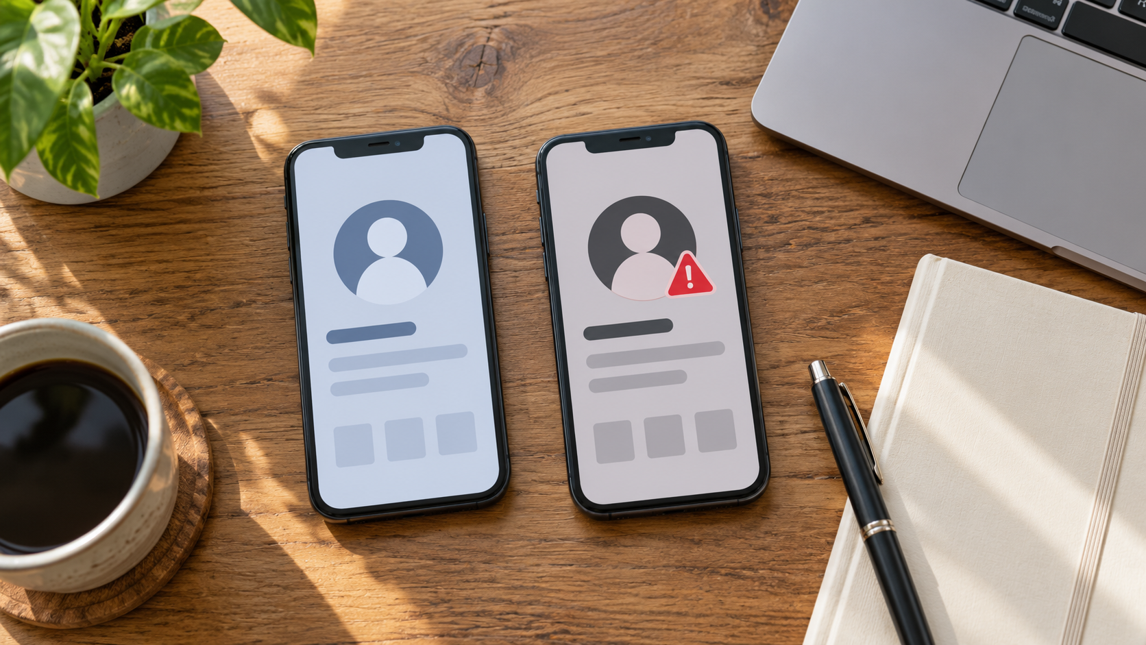 似たプロフィール画面を表示した二台のスマートフォンを並べた机