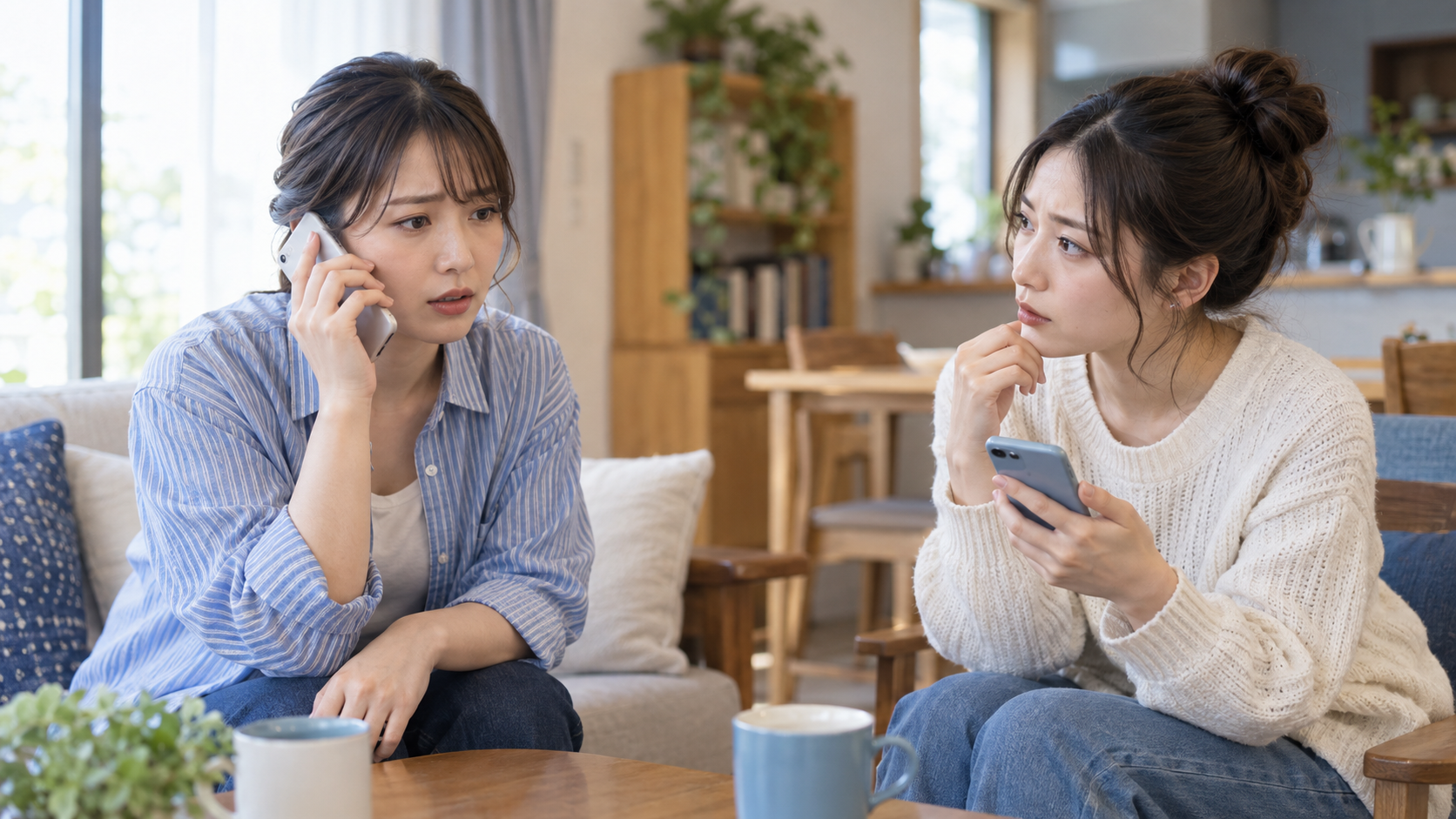 スマートフォンで連絡を確認する二人の女性