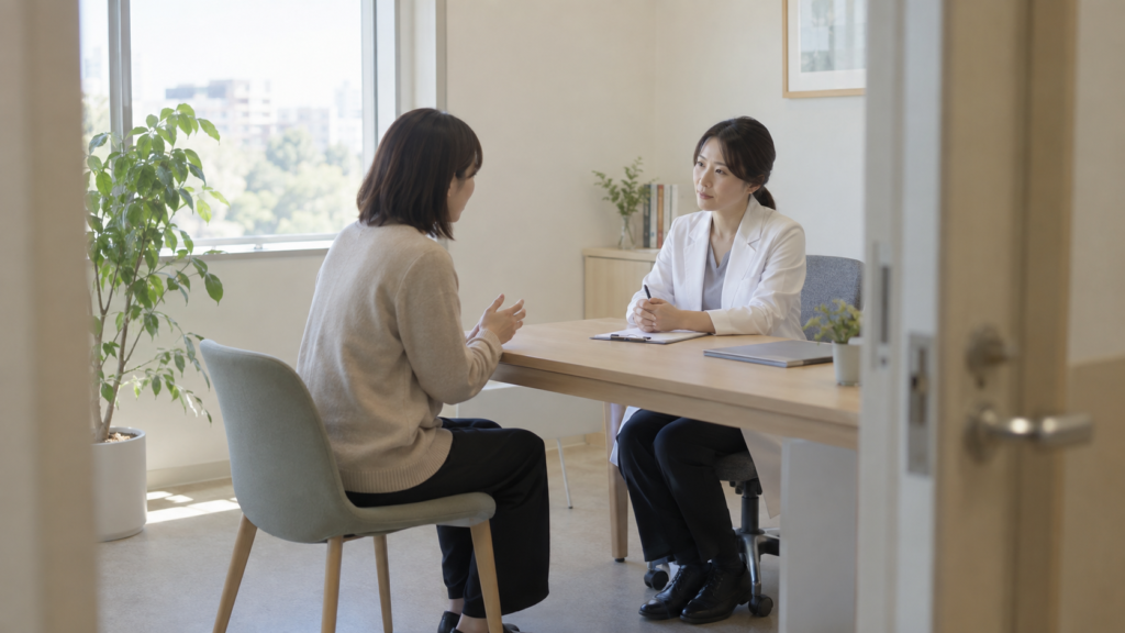 休養と仕事の継続について相談する会社員